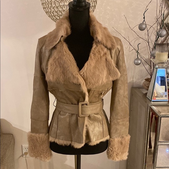 Bebe Luxurious Tan suede/rabbit  Fur Women's Jacket size XS - Picture 1 of 9